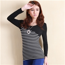 2013秋季韩版新款莫代尔女装长袖T恤圆领横条拼接女T恤厂家直销