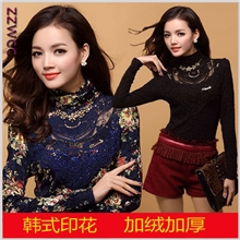 2013秋冬加绒加厚打底衫女士欧韩版蕾丝高领修身长袖打底衫批发