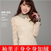 3385#冬季新款韩版修身娃娃领女长袖蕾丝衫打底衫小衫上衣加绒