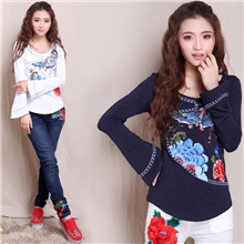 5794X2013新款民族风女装修身打底衫长袖绣花T恤秋装批发