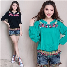 D6569民族风女装2013新款绣花荷叶边长袖娃娃领修身衬衣批发