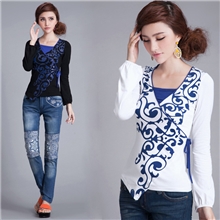 FA8861秋款2013撞色灯笼袖修身长袖印花民族风女装t恤批发