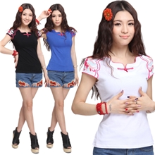 【缺货】Y9208新款绣花纯棉修身短袖女装民族风T恤女批发