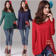 Y9304厂家直销2013新款女装绣花不规则摆长袖宽松民族风T恤