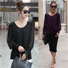 春装新款韩版大码女装显瘦纯色圆领长袖雪纺衫女装代理一件代发