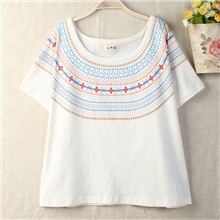 T8770夏装新款韩版女装宽松时尚民族风几何图案圆领短袖t恤