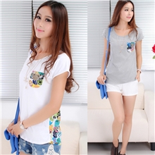 伊秀云6069新款2013女装森女拼接笑脸印女人味全棉纯棉短袖T恤