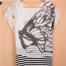 伊秀云5019韩版2013夏装新款条纹拼接假两件套短蝙蝠袖条纹雪纺衫