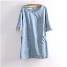 145-0033批发供应日式森女系复古简约口袋七分袖牛仔连衣裙D3G