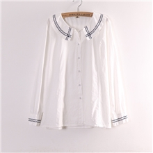 127-0098小美日系女装日单外贸波浪纹刺绣纯色衬衫娃娃衫G28