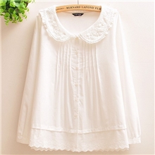 森女系小清新文艺范勾花领宽松白衬衫纯棉全棉百褶长袖衬衣