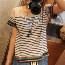2013夏季新款韩版民族风体恤女装条纹特色拼接花边短袖T恤女