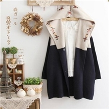 日系森女系清新民族风刺绣拼接宽松蝙蝠袖连帽中长款加厚毛衣外套