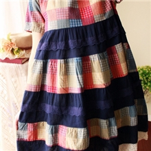 miss兔小清新森女系日系文艺复古宽松大码胖mm短袖棉麻格子连衣裙