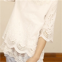 森系棉麻小清新娃娃领宽松短袖蕾丝衬衫白色衬衣上衣女夏