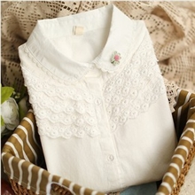 4946新款2013秋季女装日系森女风棉质白色刺绣花边领长袖衬衫衬衣