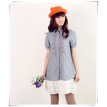 newsunny原单爆款牛仔色女士衬衫批发民族风门襟刺绣长款衬衫