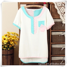 newsunny原单爆款小清新套头短袖衬衫拼色小口袋棉麻宽松衬衫