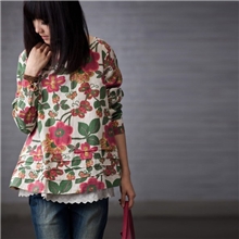 2013新秋女装日单森女系例外田园民族风印花圆领假两件套头衬衫