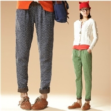 秋装民族风例外日单森女系复古文艺碎花棉麻直筒休闲长裤女裤韩版