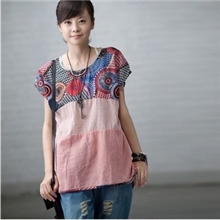 清仓特2013夏装新款文艺棉麻T恤圆领碎花条纹拼接女T恤衬衫上衣