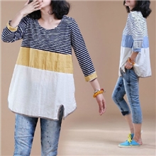 2013秋装新款例外布衣棉麻风宽松文艺休闲条纹拼接圆领T恤女衬衫