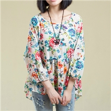 2013秋装新款棉麻风宽松休闲印花民族复古文艺下摆不规则女衬衣衫