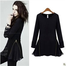 秋季新款欧美明星同款圆领针织拉链拼接雪纺长袖连衣裙打底裙