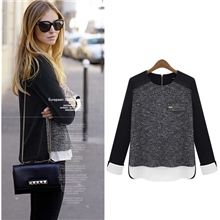 欧美站2013秋装新款长袖时尚毛衣雪纺拼接宽松针织衫上衣