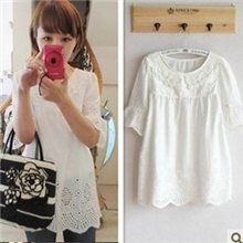 日单raycassin森林系小清新精致刺绣蕾丝喇叭袖衬衫娃娃衫