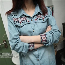 2012复古民族风刺绣小铜扣帅气水洗色长袖牛仔衬衫