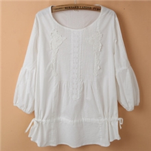 森女风公主气质大灯笼七分袖圆领绣花抽绳收腰娃娃衫宽松衬衫