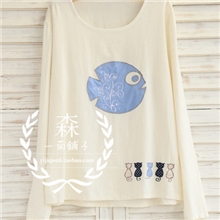 大鱼小猫，日系森女刺绣贴布套头棉麻衬衫0.16cm1581