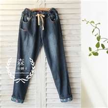 牡丹亭，碎花拼接松紧腰牛仔裤森林系森女0.30kgky1865