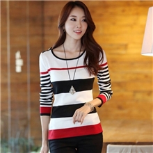 秋冬新款女式针织衫肩章条纹修身圆领打底衫长袖秋冬款针织衫