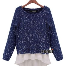 欧美明星款秋装新品女装宽松针织休闲拼接雪纺边毛衣女加厚批发