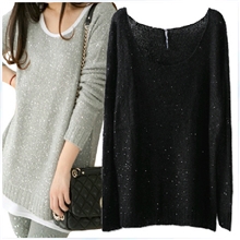 春季新款欧美显瘦大圆领套头长袖璀璨亮片宽松大码女装针织衫毛衣