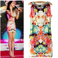 hm同款2013baby明星夏季新款无袖花色复古印花连衣裙修身短裙潮