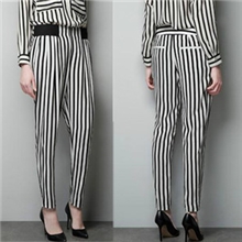2013夏秋新款欧美女装OL松紧腰修身黑白竖条纹休闲长裤哈伦裤女
