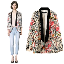 2013夏秋新款女装欧美风外贸复古印花色拼接修身小西装外套女装