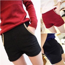 8091秋冬新款韩版女装百搭金属链边装饰呢子修身西装毛呢短裤批发