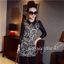 8458秋冬新款欧美古典凤尾印花拼皮小翻领中长款修身加绒打底衫