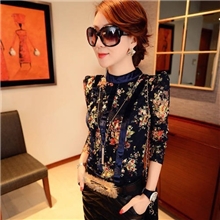 8477韩版印花加绒加厚打底衫长袖T恤女气质新品镂空蕾丝衫批发