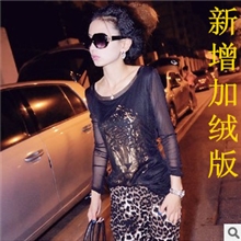 8397拼接蕾丝网纱个性老虎头T恤欧洲站新款秋装加绒长袖打底衫