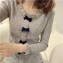 8186秋装新款韩版百搭打底衫蝴蝶结泡泡袖订珠圆领长袖T恤