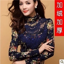 8166秋装新款韩版女装加厚加绒大码蕾丝衫修身雪纺衫打底衫上衣女