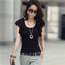 2013春装新款双层波浪袖素雅上衣圆领荷叶边短袖t恤