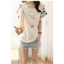 2013夏装韩版新款女装创意几何星星镂空袖上衣短袖圆领雪纺T恤