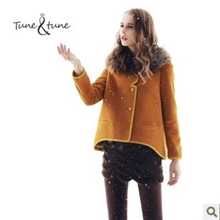 2013新款女装冬装撞色可拆卸毛领顺毛呢短大衣潮外套女444