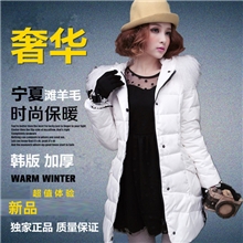正品2013新款韩版修身连帽滩羊毛大毛领中长款羽绒服批发多色
